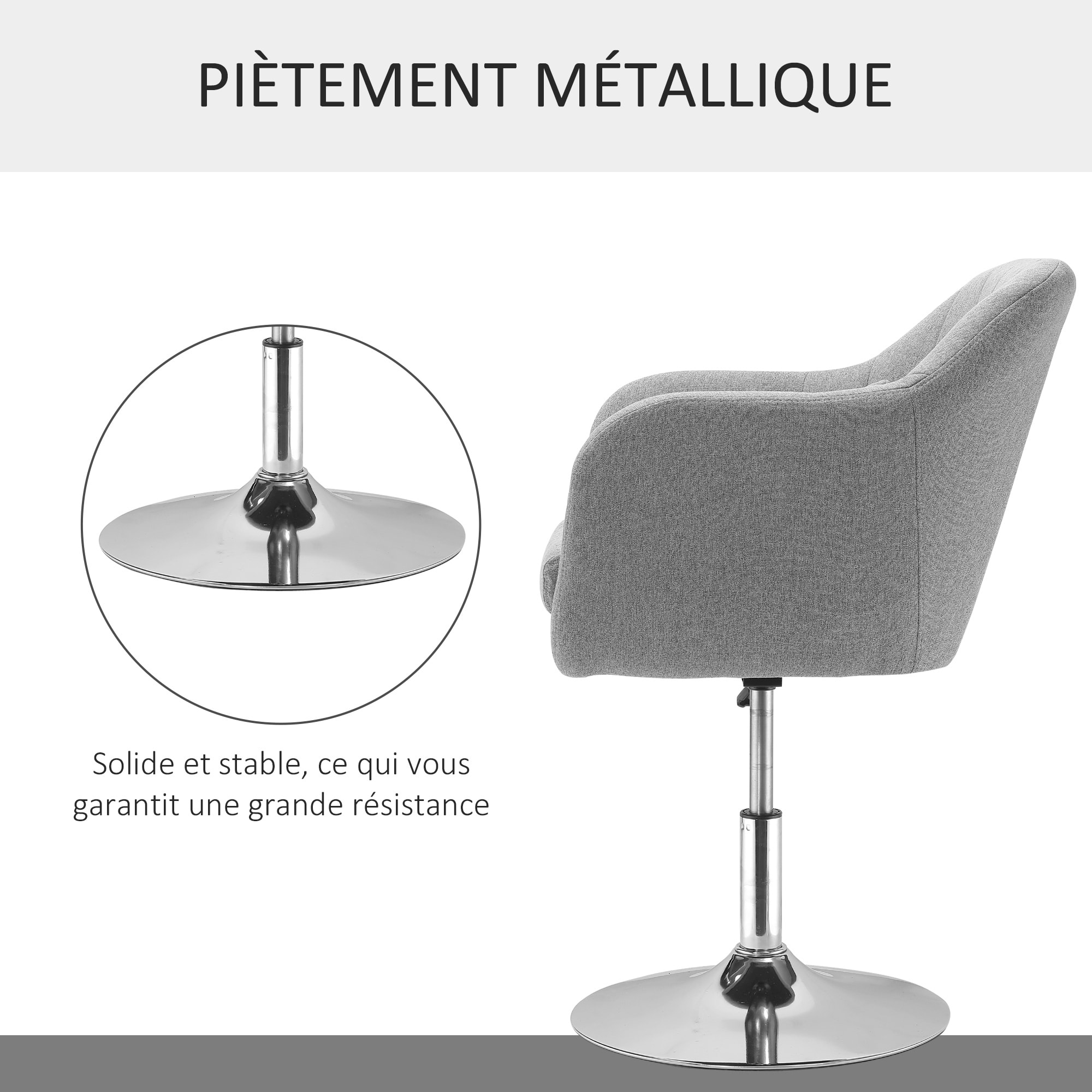 Fauteuil lounge design grand confort coussins lombaires hauteur réglable pivotant 360° piètement métal chromé lin gris