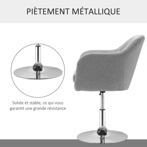 Fauteuil lounge design grand confort coussins lombaires hauteur réglable pivotant 360° piètement métal chromé lin gris