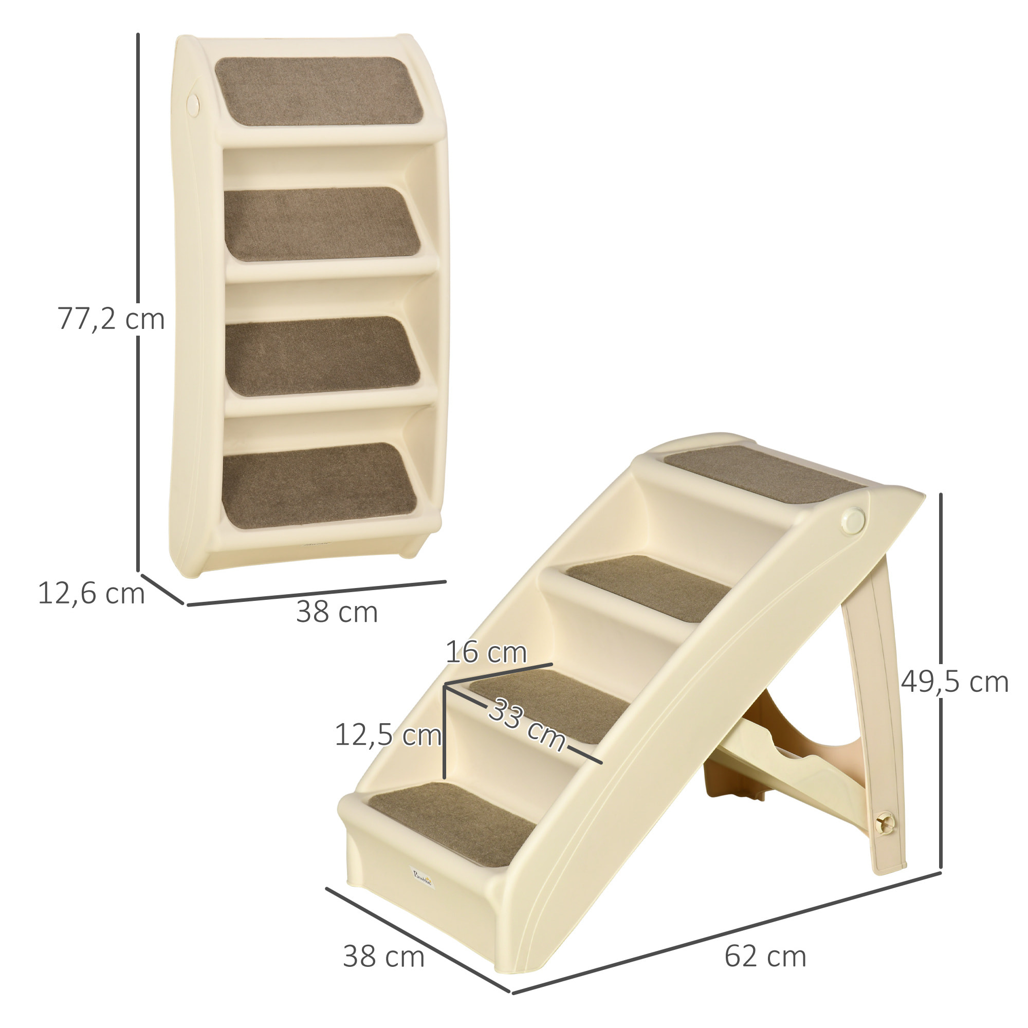 Escalera Plegable para Mascotas de 4 Peldaños Escalón para Perros Gatos Portátil con Alfombras Antideslizantes para Cama Sofá Carga 20 kg 62x38x49,5 cm Beige