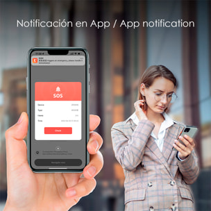 Alarma SOS personal con bluetooth, luz LED brillante de 12lm y sonido de 130dB. Doble activación rápida y notificaciones.