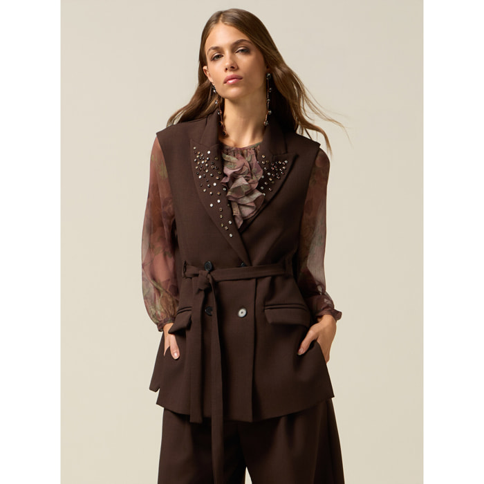 Oltre - Gilet doppiopetto con borchie e castoni - Marrone