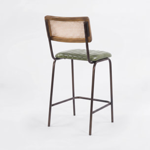 Lot de 2 chaises de bar 76 cm en cannage et cuir vert - Arsène