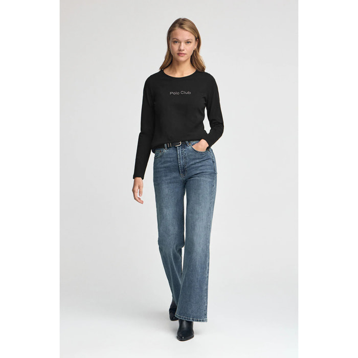 Maglietta nera a maniche lunghe con brillantini Polo Club