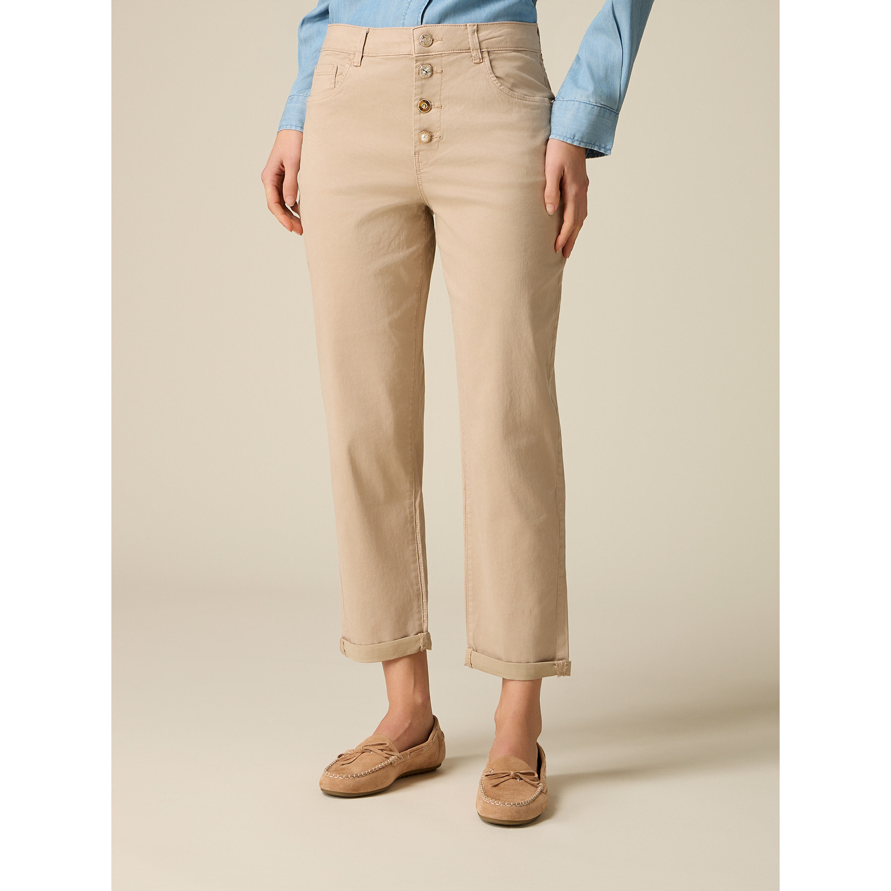 Oltre - Pantaloni boyslim misto lyocell - Beige