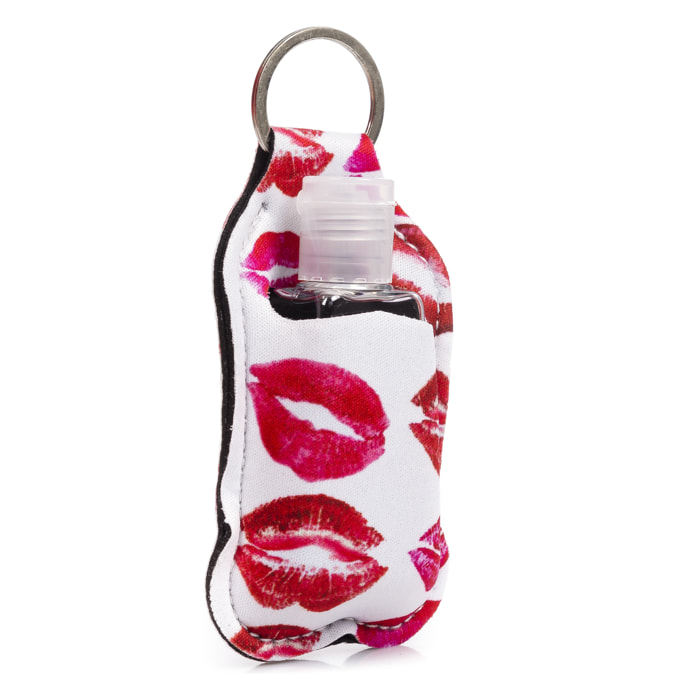 Portachiavi bottiglia igienizzante mani alcool ricaricabile 30ml tessuto design baci.