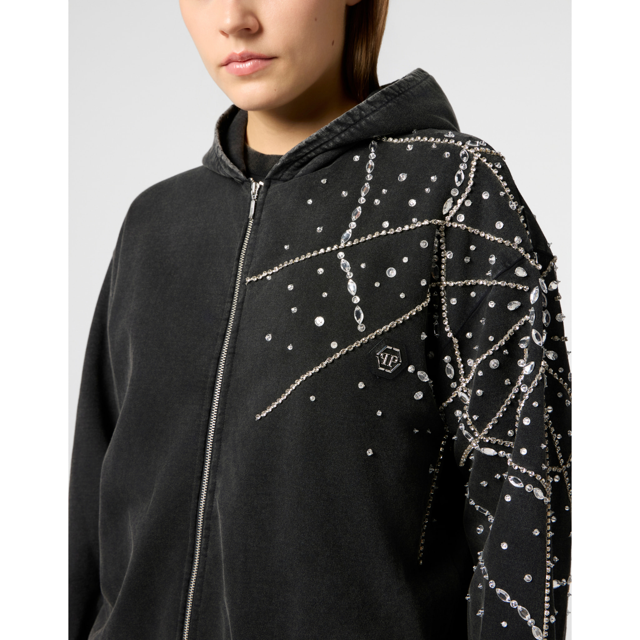 PHILIPP PLEIN Washed Zip Hoodie Spiderweb Strass