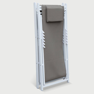 Lot de 2 bains de soleil - Gaia taupe - en aluminium blanc et textilene taupe avec coussin repose tête. chilienne