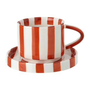 J-Line Tasse et sous-tasse lignée - grès - cognac/blanc - set de 4