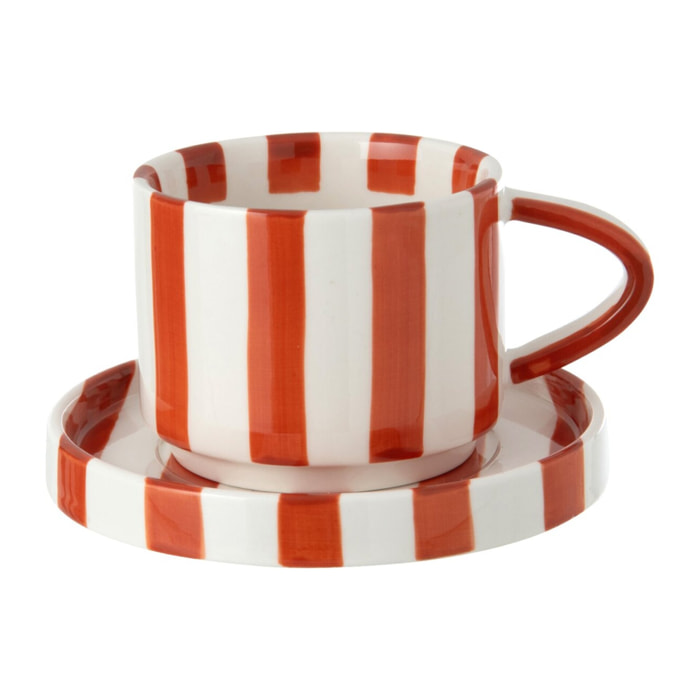 J-Line Tasse et sous-tasse lignée - grès - cognac/blanc - set de 4