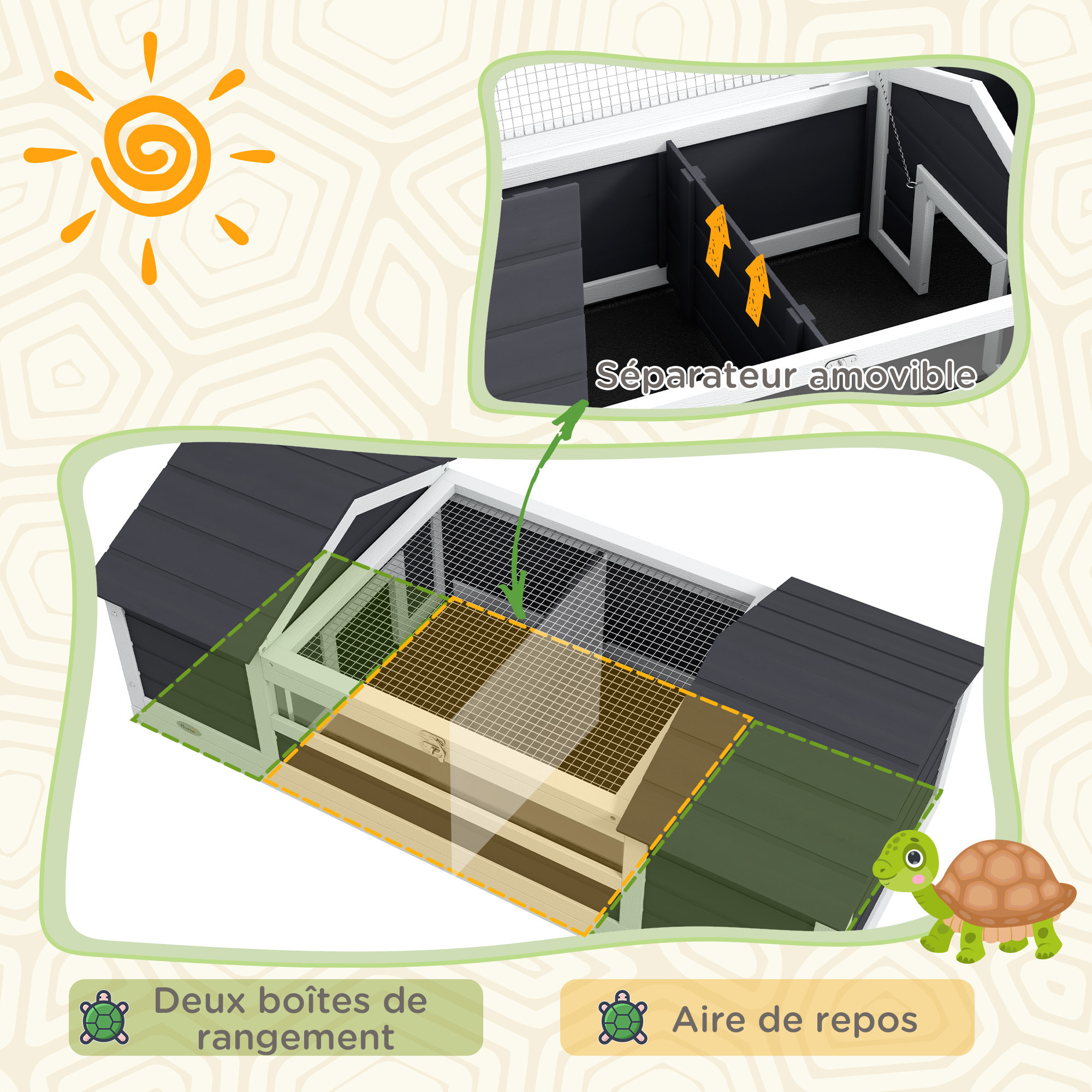 Maison tortue terrestre extérieure - enclos tortue 2 niches, support lampe réglable, toit ouvrable - acrylique bois gris