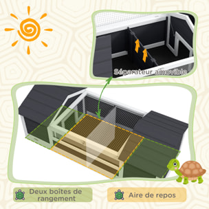 Maison tortue terrestre extérieure - enclos tortue 2 niches, support lampe réglable, toit ouvrable - acrylique bois gris