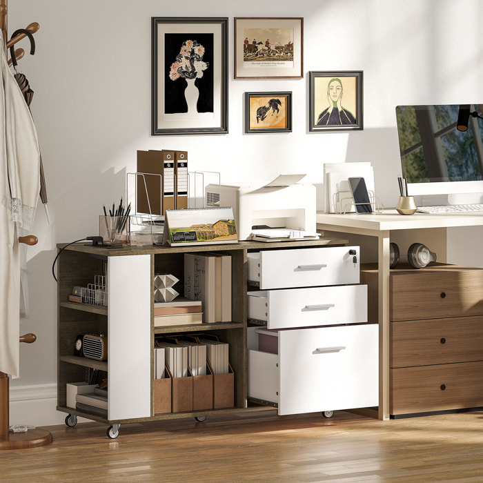 Cajonera de Oficina con Ruedas Mueble Archivador con 3 Cajones Cajonera para Escritorio con Estación de Carga Cerradura y Estantes 100x40x65,5 cm Marrón Grisáceo