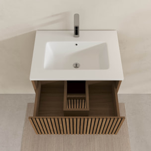 Meuble Salle de Bains YUKI 60 - 2 Tiroirs Décor Chêne et Noir - Vasque Blanche - Miroir LED 60