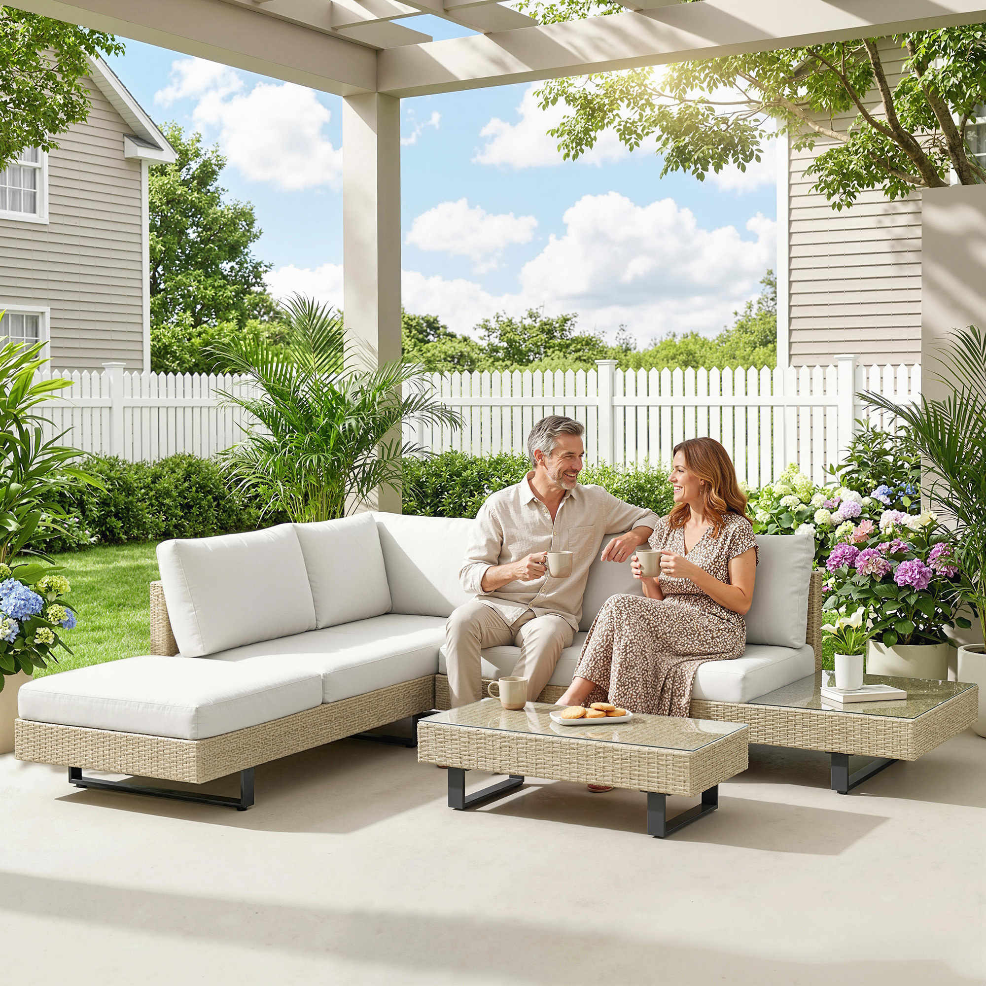 Conjunto de Jardín de Ratán de 3 Piezas, Conjunto Terraza Resistente, Muebles Jardín Exterior Incluye Cojines, Sofá de 3 Plazas, Sofá de 2 Plazas con Mesa Lateral, Mesa Centro de Vidrio Beige