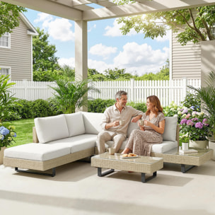 Conjunto de Jardín de Ratán de 3 Piezas, Conjunto Terraza Resistente, Muebles Jardín Exterior Incluye Cojines, Sofá de 3 Plazas, Sofá de 2 Plazas con Mesa Lateral, Mesa Centro de Vidrio Beige