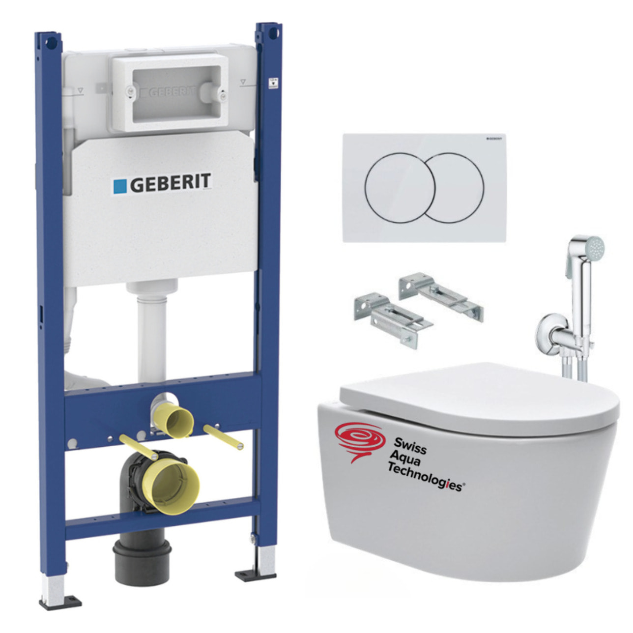 Pack WC sans bride SAT, fixations invisibles + Abattant softclose + Bâti support Geberit UP100 + Plaque + Douchette Grohe