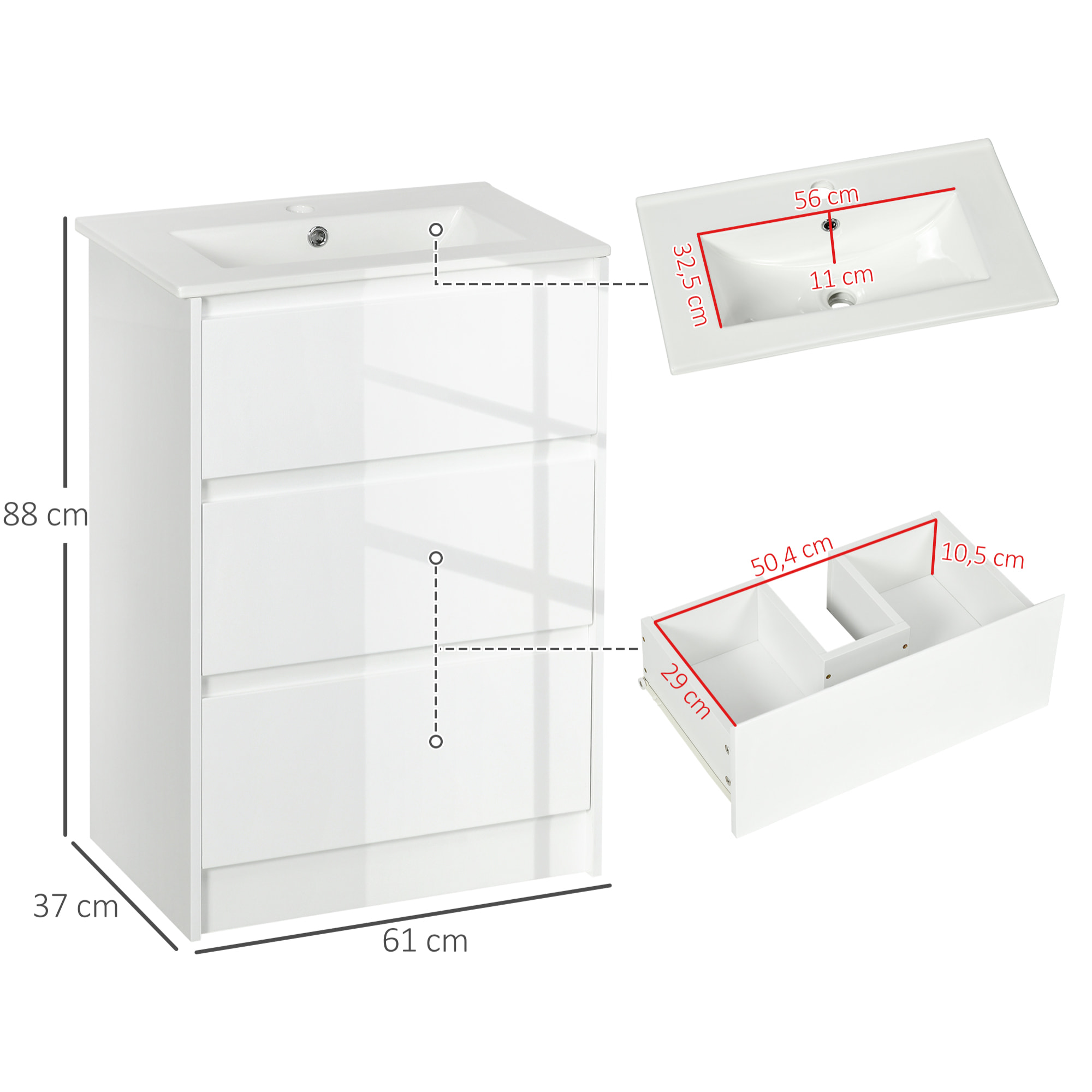 Mueble de Baño con Lavabo Armario de Baño Bajo Lavabo de Baño de Cerámica Sintética con 2 Cajones 61x37x88 cm Blanco Brillante