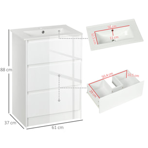 Mueble de Baño con Lavabo Armario de Baño Bajo Lavabo de Baño de Cerámica Sintética con 2 Cajones 61x37x88 cm Blanco Brillante