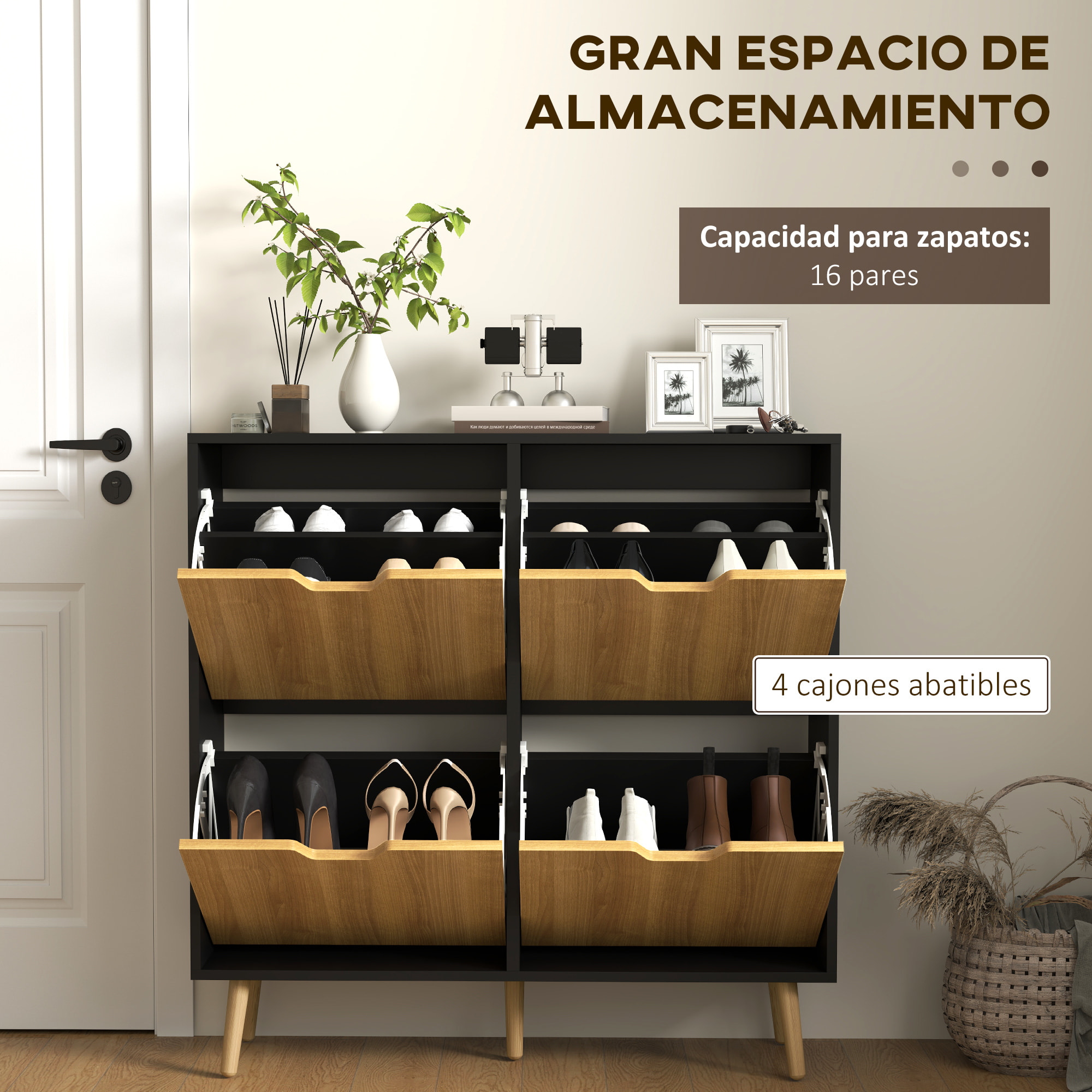 Zapatero Estrecho con 4 Cajones Abatibles, Zapatero Entrada Recibidor con Patas de Madera y Estantes Ajustables, para 16 Pares de Zapatos, para Pasillo, 95x26x95 cm, Natural y Negro
