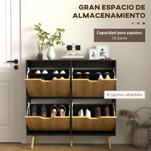 Zapatero Estrecho con 4 Cajones Abatibles, Zapatero Entrada Recibidor con Patas de Madera y Estantes Ajustables, para 16 Pares de Zapatos, para Pasillo, 95x26x95 cm, Natural y Negro