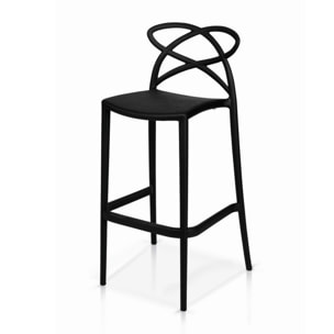 Set di 2 sgabelli HAITI in polipropilene nero, con schienale intrecciato e gradino appoggiapiedi.