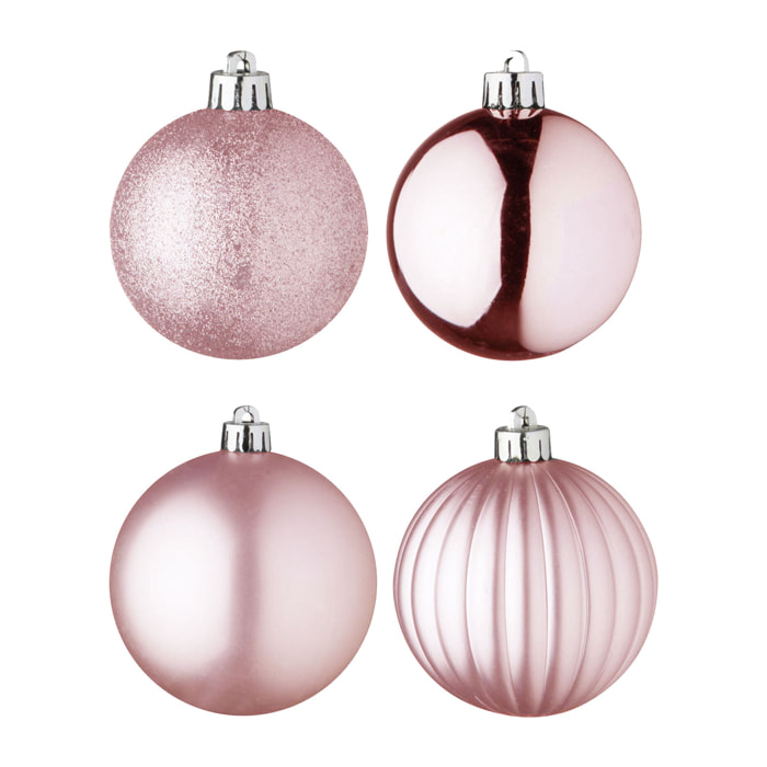set de 100 bolas de navidad color rosa en tubo pet con diferentes diseños y acabados