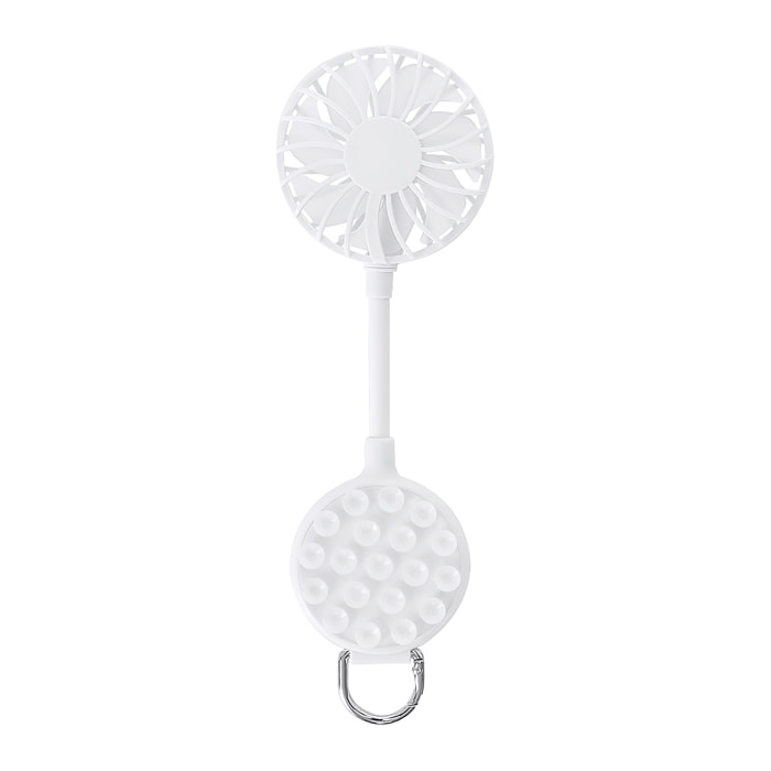 Ventilador multiposición con rotación de 360°, soporte ajustable y ventosas para smartphone. Dispone de 3 velocidades, con batería recargable de 300 mAh.