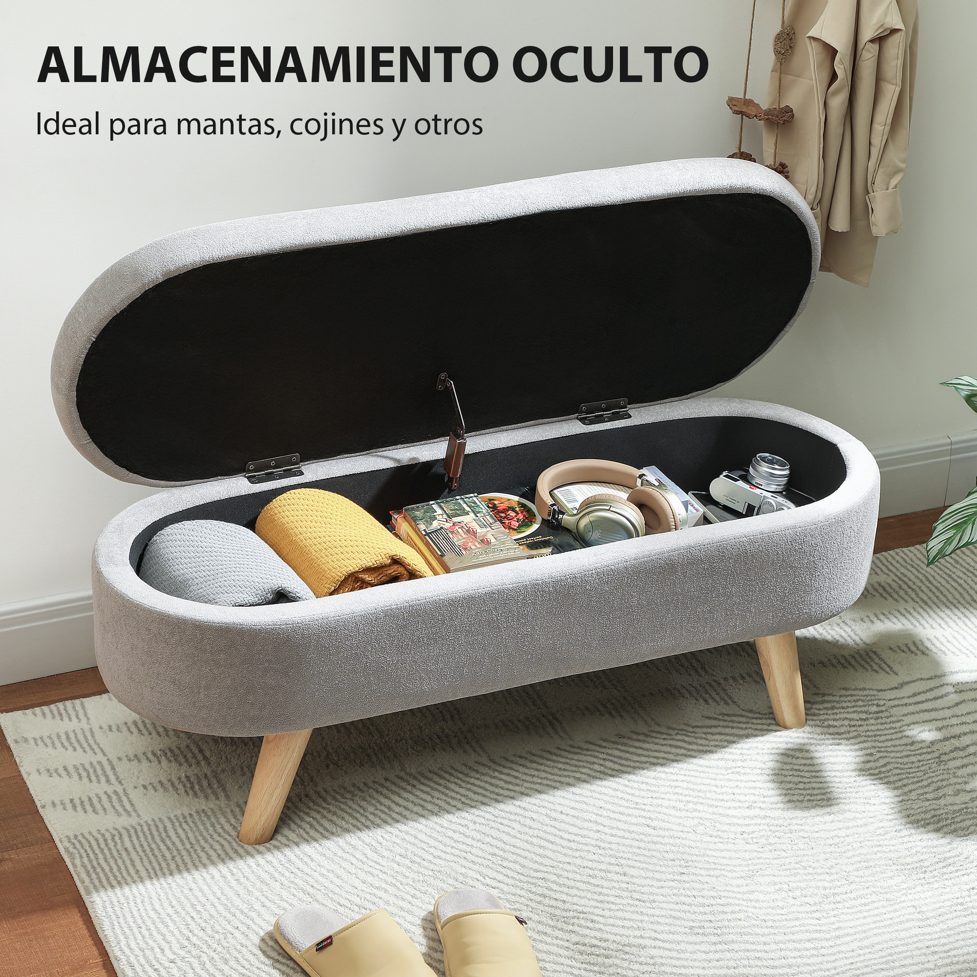 Banco Pie de Cama, Puff Almacenaje Tapizado en Terciopelo de Teddy con Patas de Madera y Asiento Acolchado, Banco de Almacenaje Ovalado para Dormitorio, Entrada, Pasillo, Gris Claro