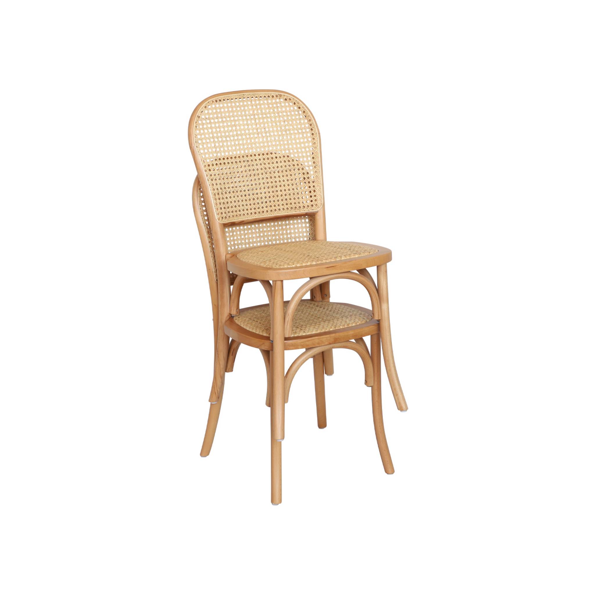 Lot de deux chaises naturelles vintage en bois avec assise et dossier en rotin
