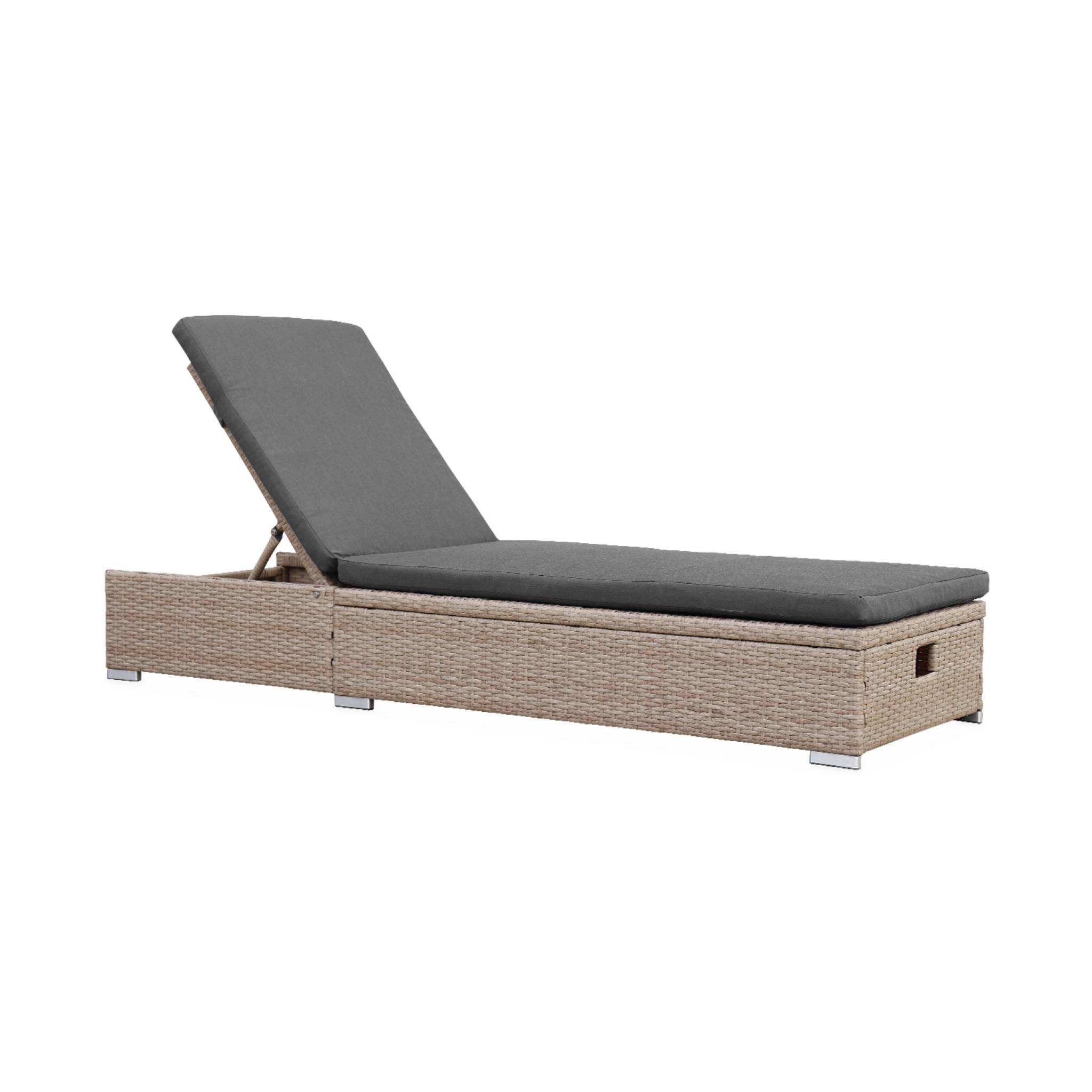 Bain de soleil. résine tressée. coussins polyester gris. multi-position. Olbia L195 x P65 x H32/97cm