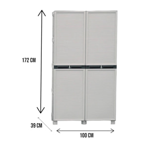 Armadio multiuso da esterno o interno, Mobile a 2 ante e 3 ripiani in polipropilene, 100% Made in Italy, cm 100x39h172, colore Grigio chiaro