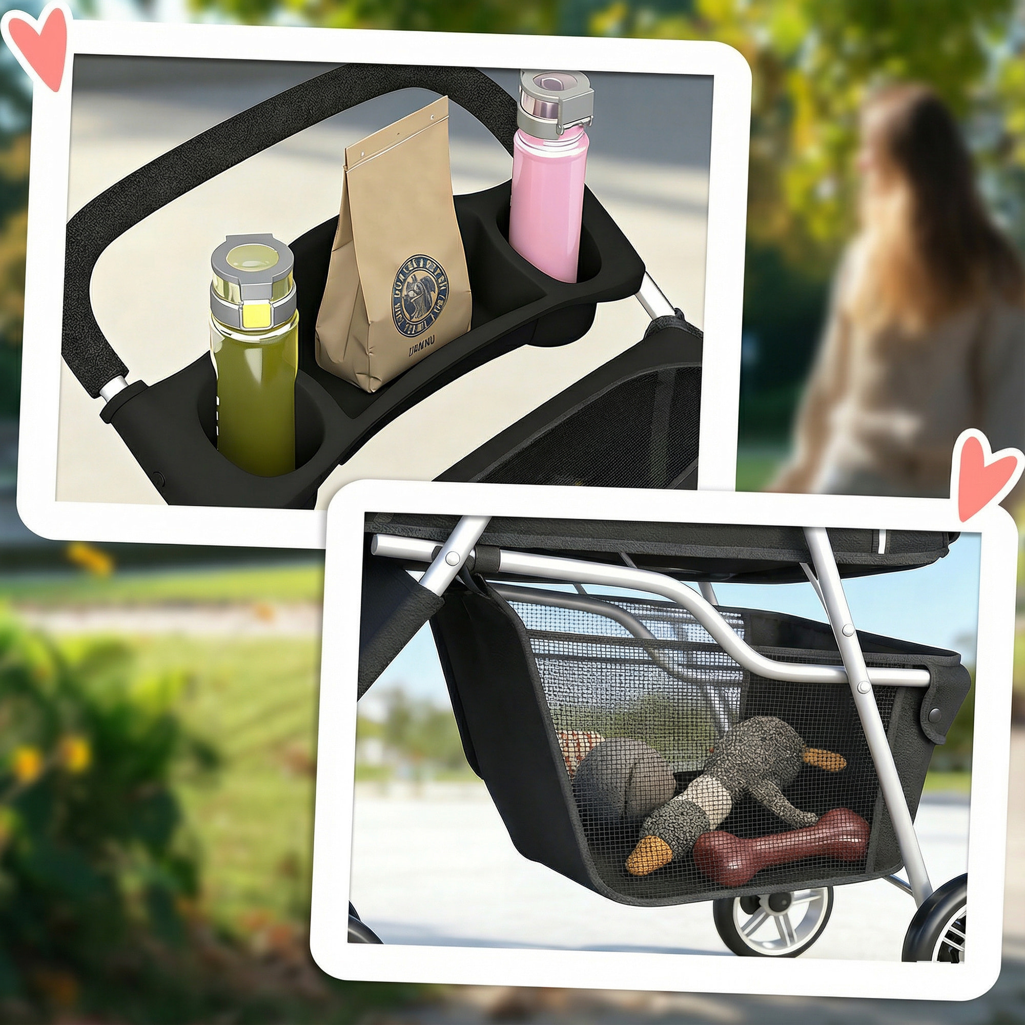 Carrito para Perros Plegable, Cochecito para Perros Pequeños con Cesta de Almacenaje, Ventanas de Malla, Portavasos y Ruedas, Carga 10 kg, 77x44x102 cm, Negro