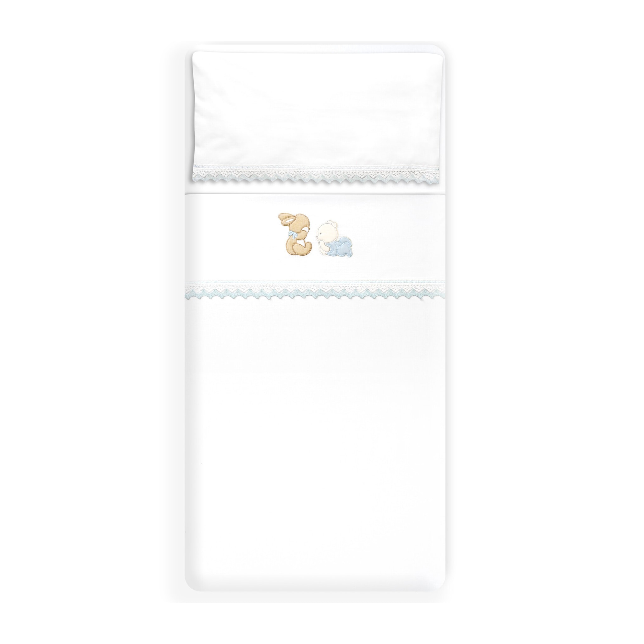 Triptico Cuna Guipur Oso Tumbado Conejito + Broche Bco/Azul