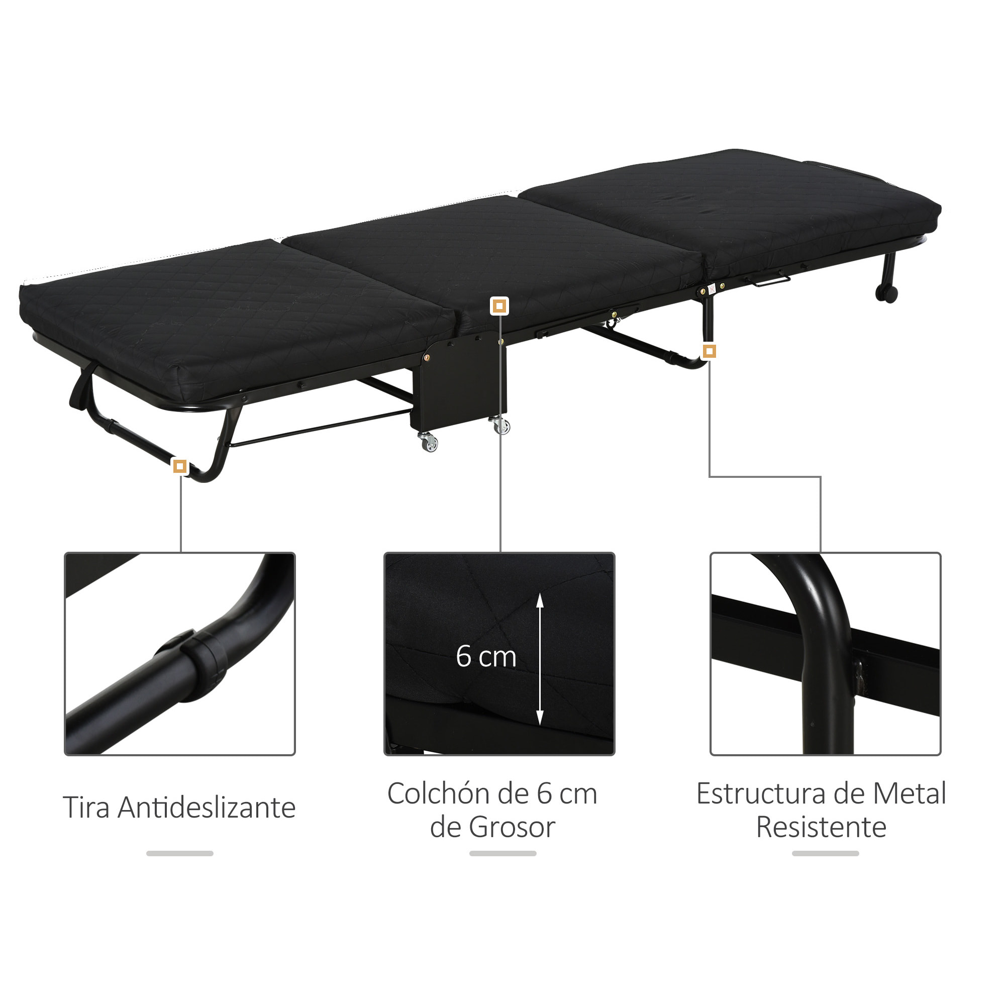 Cama Plegable 184x65 cm Cama Abatible con Cabecera Ajustable en 5 Niveles Ruedas Universales y Estructura de Metal Carga Máx. 120 kg Negro