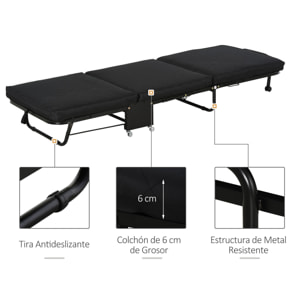 Cama Plegable 184x65 cm Cama Abatible con Cabecera Ajustable en 5 Niveles Ruedas Universales y Estructura de Metal Carga Máx. 120 kg Negro
