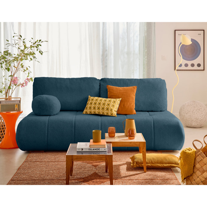 Bowie - canapé 3 places convertible coffre + coussin rond inclus en tissu texturé - Bleu