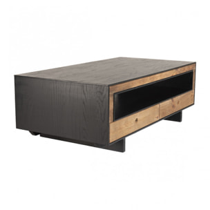 ANDREA - Table basse 4 tiroirs 1 niche bois Pin recyclé naturel et noir