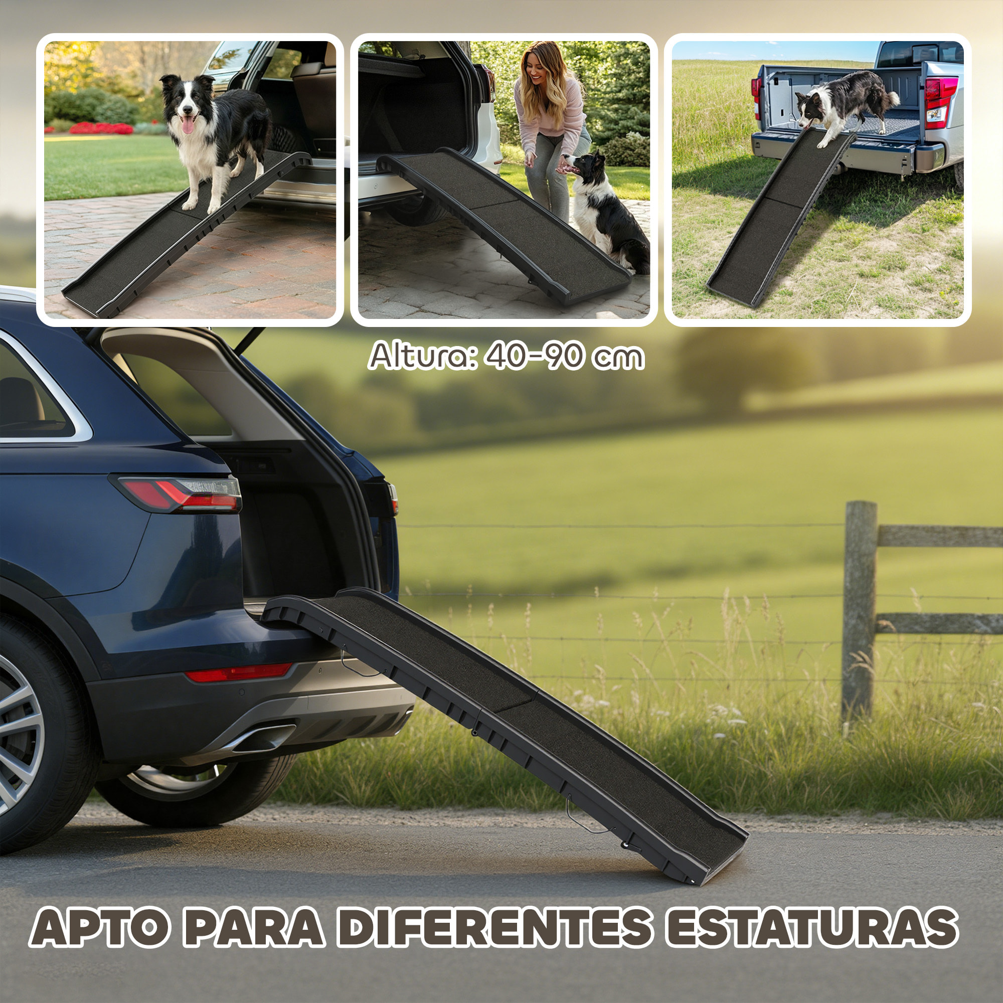 PawHut Rampa para Perros Superficie Esmerilada, 155 cm, Rampa para Perros para Coche Plegable con Asa, Ángulo Ajustable, Antideslizante, para Todas las Razas, para Cama, Sofá, Negro
