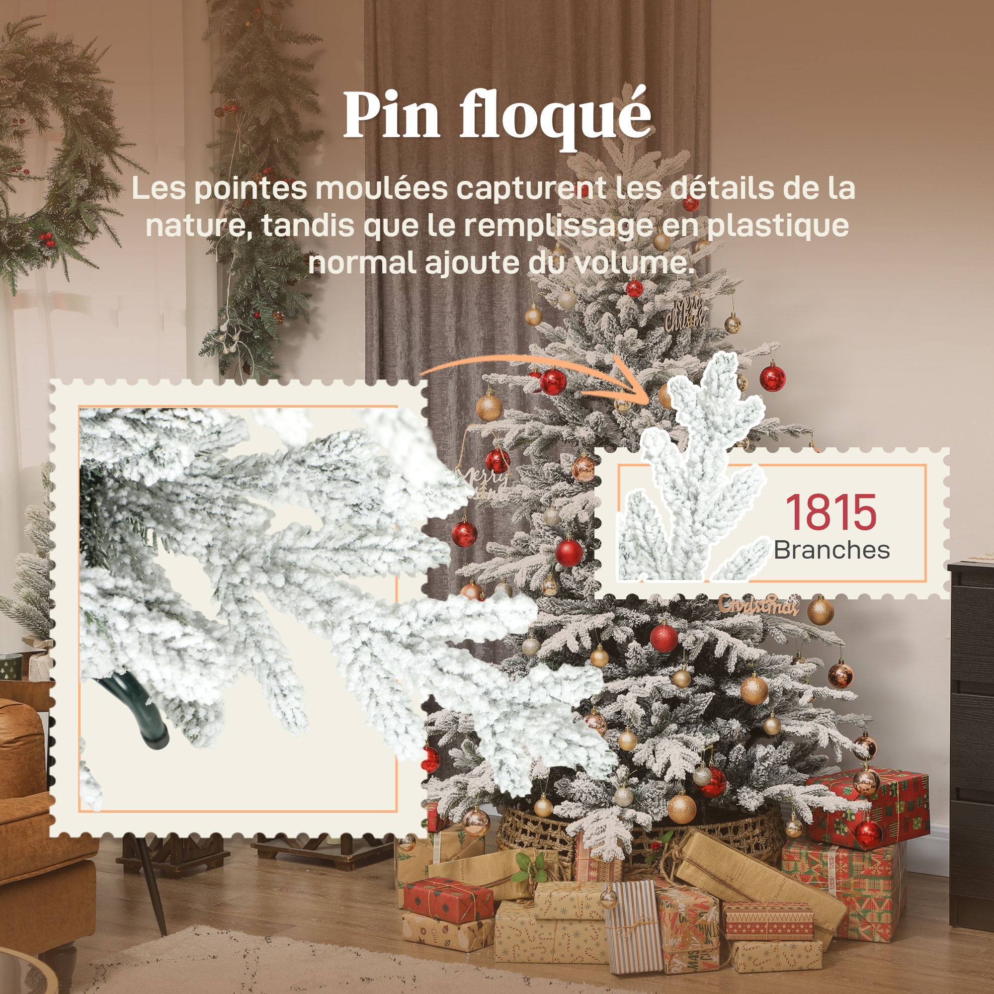 Sapin de Noël artificiel enneigé H.180cm 1815 branches grand réalisme support métal pliable vert blanc