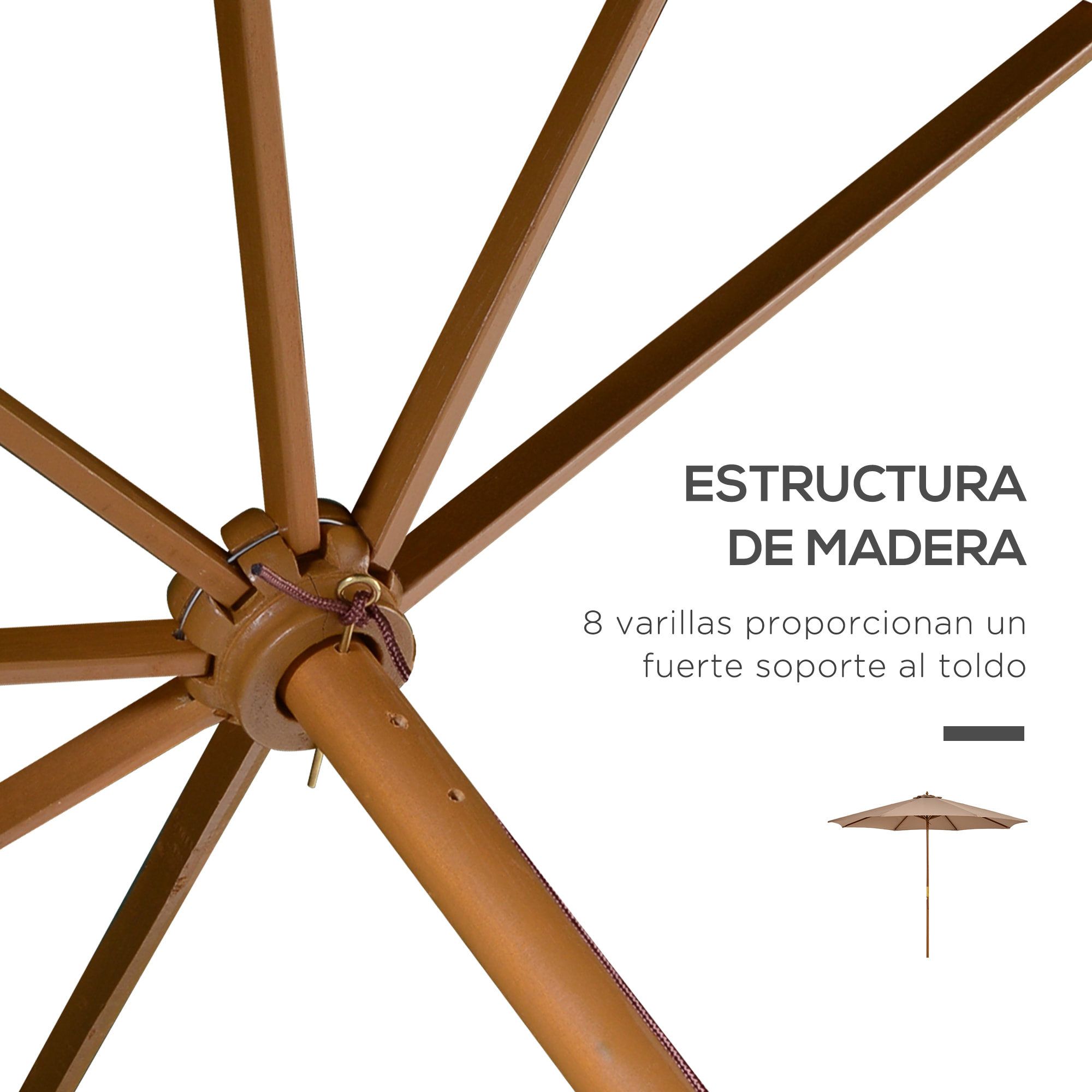 Sombrilla Terraza Exterior Ø300 cm Sombrilla de Jardín con Sistema de Polea Techo Ventilado y Poste Desmontable de Madera Parasol para Patio Terraza Caqui