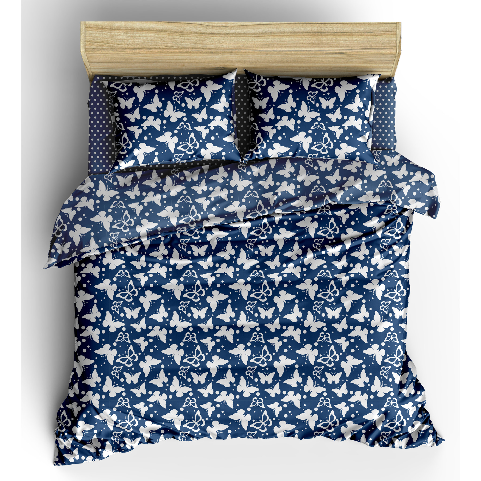 WHITE & WHITE Completo copripiumino singolo 100% cotone stampato butterfly blu