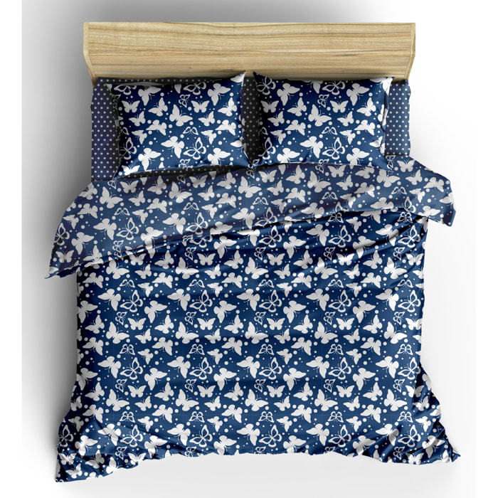 WHITE & WHITE Completo copripiumino singolo 100% cotone stampato butterfly blu