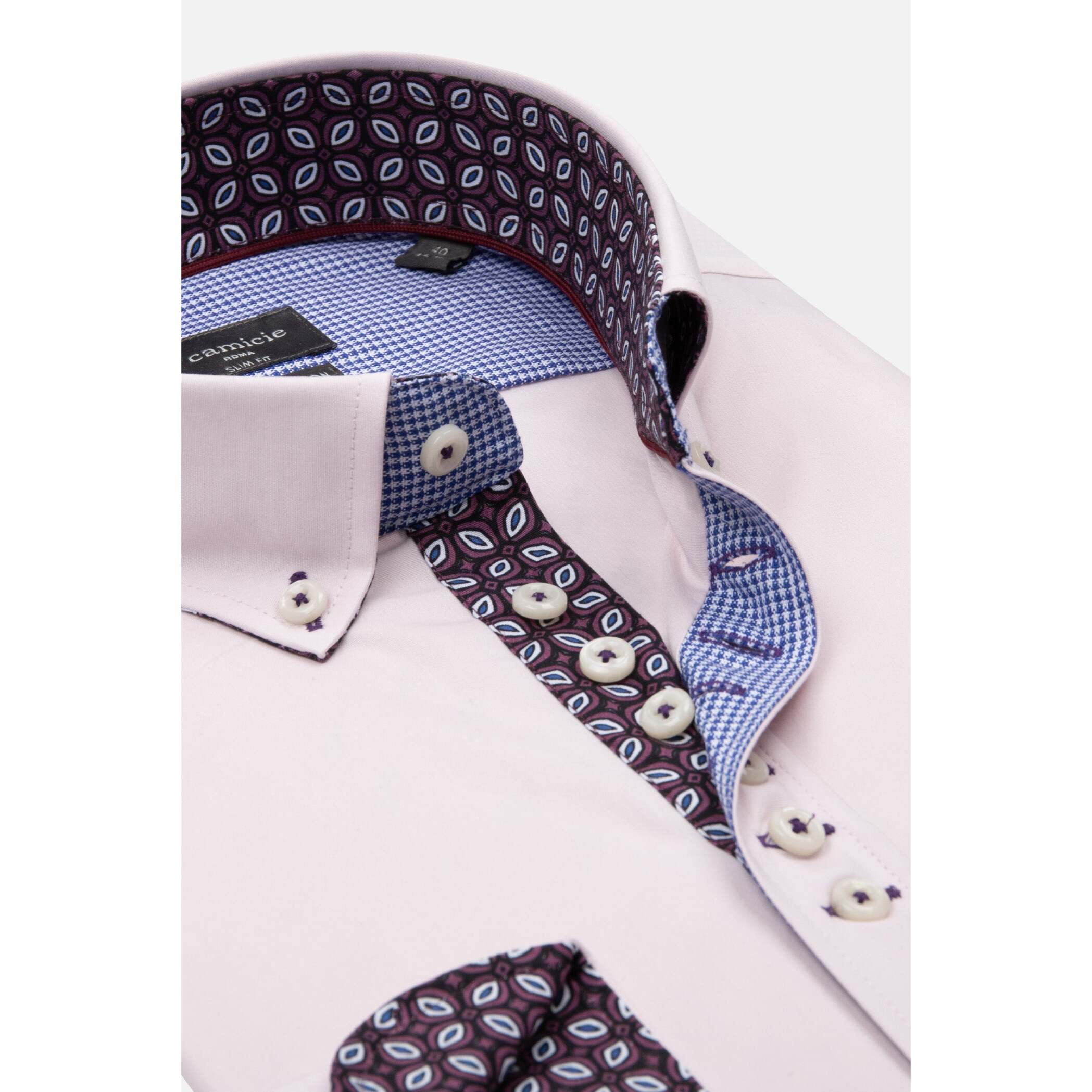 Camicia Uomo 1 Bottoni Button Down Slim Popeline Stretch Unito Rosa