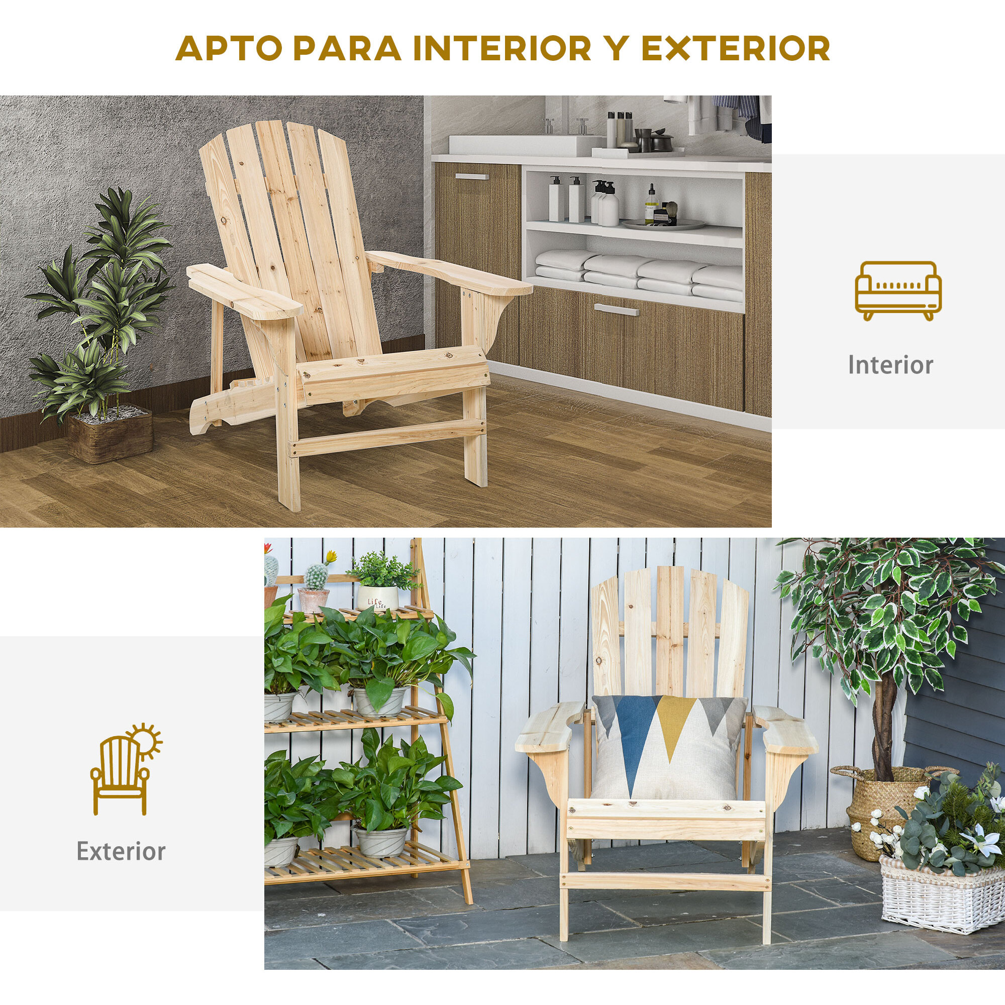 Silla Adirondack de Madera Silla de Jardín con Asiento Extra Ancho Carga 150 kg para Patio Terraza Balcón 78x89x88 cm Natural