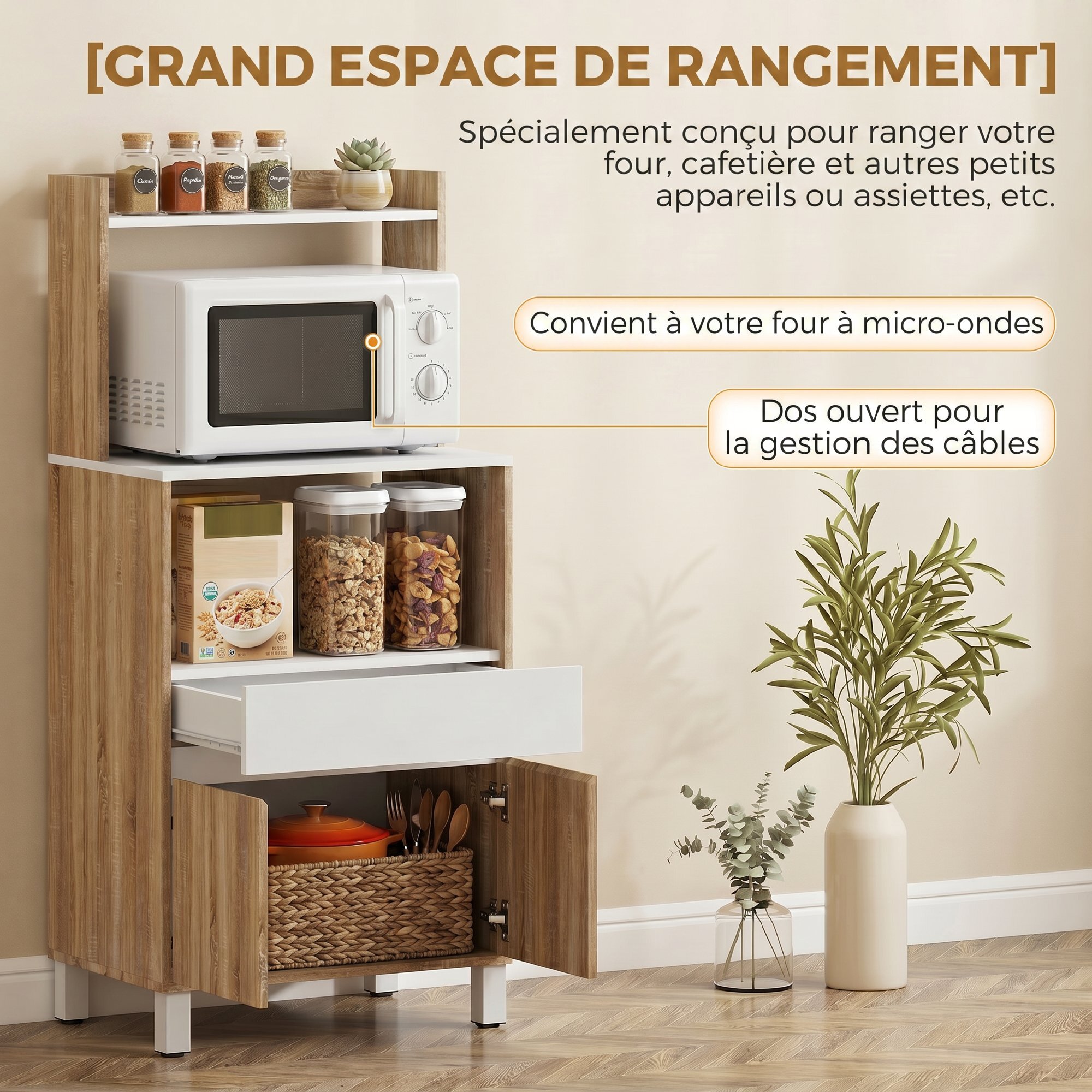 Meuble de rangement desserte de cuisine pour micro-ondes avec placard tiroir étagère supérieur 60 x 40 x 131 cm naturel et blanc
