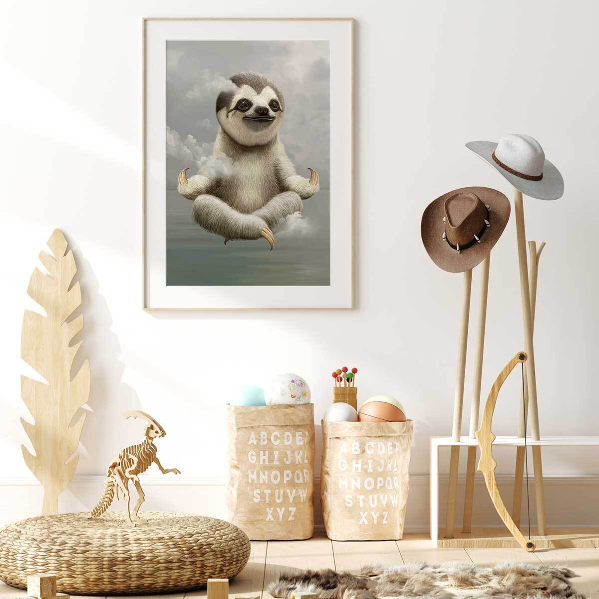 Affiche enfant paresseux méditant  Affiche + cadre en bois - Chêne