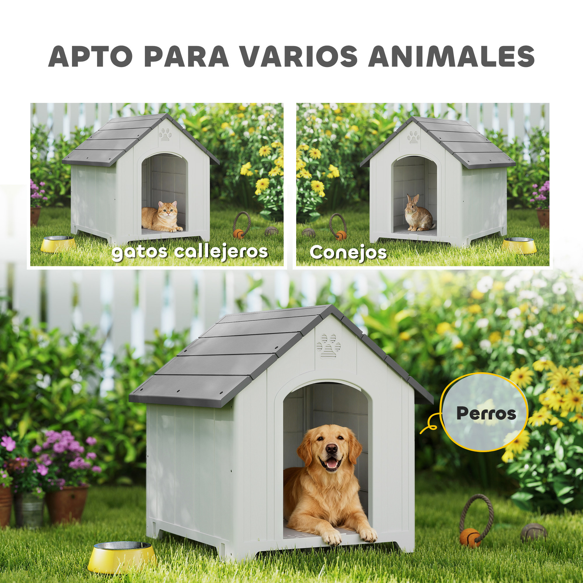 Caseta para Perros Exterior, Casa para Perros Grandes de Plástico Impermeable con 2 Ventanas, Base Elevada, Estacas, Fácil de Montar, 88x79x89 cm, Gris