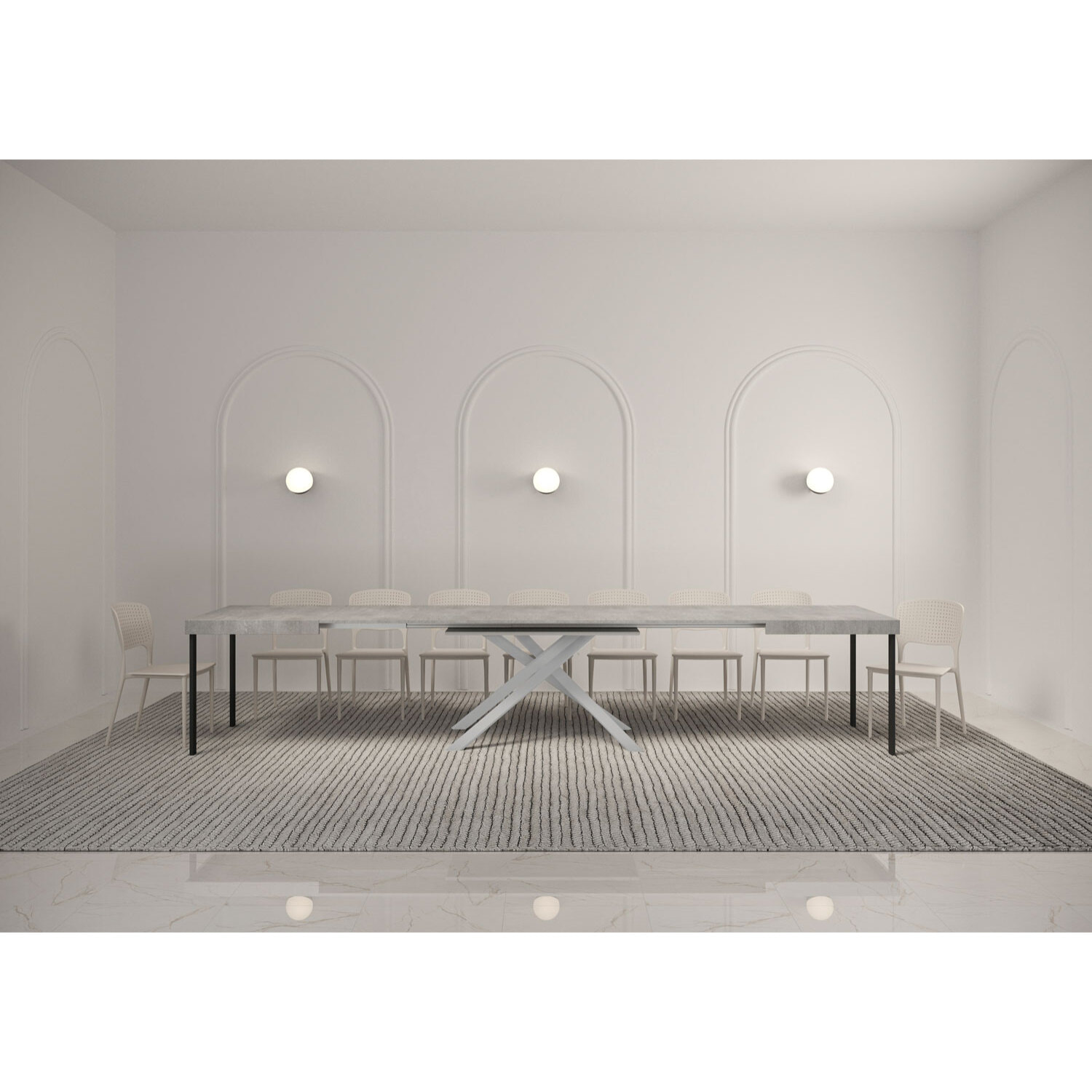 Table extensible 90x140/400 cm Karida gris béton pieds blanc