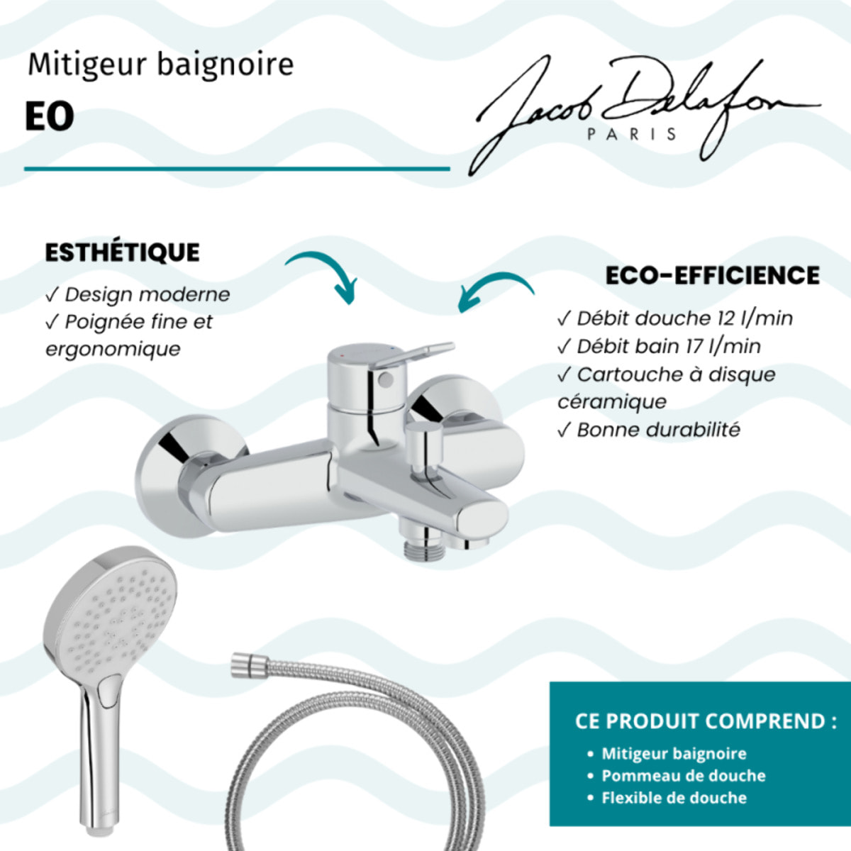 Mitigeur baignoire Eo + pommeau de douche Metro + flexible de douche métal
