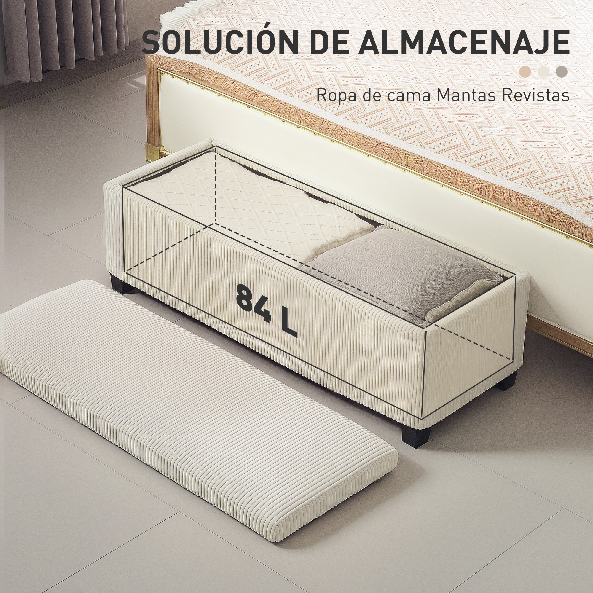 Puff Almacenaje, Banco Almacenaje Plegable, Capacidad de 84 L, 112x42x40 cm, Tapizado en Pana, Pie de Cama, para Sala de Estar, Dormitorio, Entrada, Beige